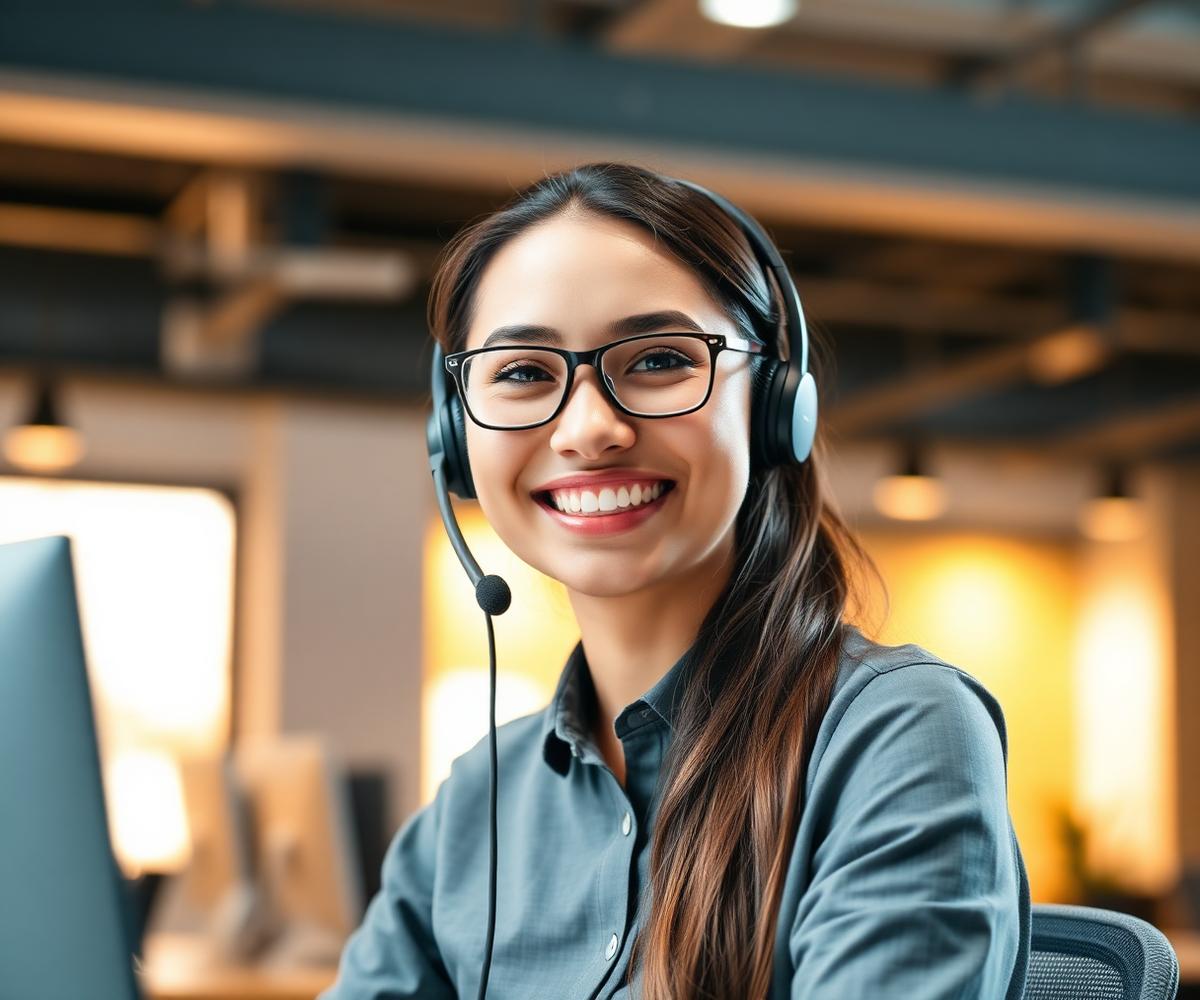 Agente de call center sonriendo con headset en oficina moderna